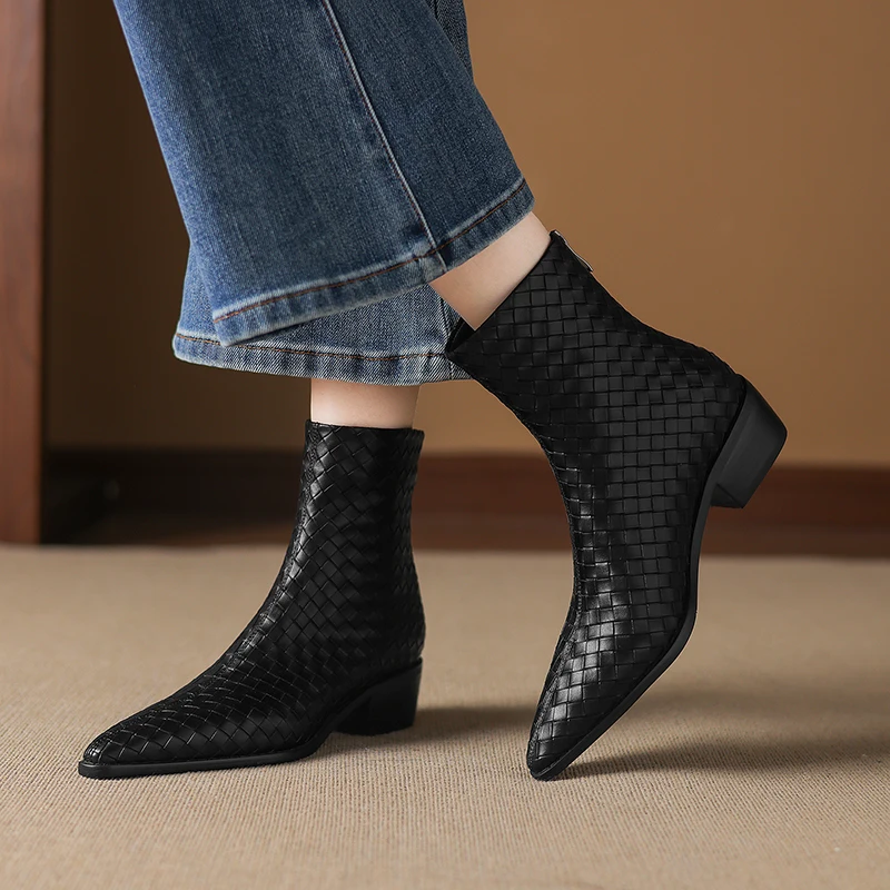 

Women’s Genuine Leather Cowhide Ankle Boots Woven Texture Pointed Toe Chunky Heel Western Vintage Fashion Casual Shoes