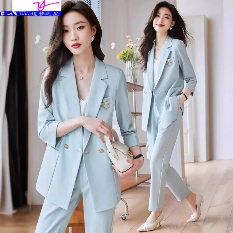 Blue Suit Jacket Women's Summer Thin Business Temperament Goddess Fan High-End Three-Quarter Sleeve Slim Fit Small Suit Suit