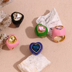 E.B.belle Y2K Popular Color Enamel Heart Opening Rings 316L stainless steel jewelry woman Waterproof Finger Decoration