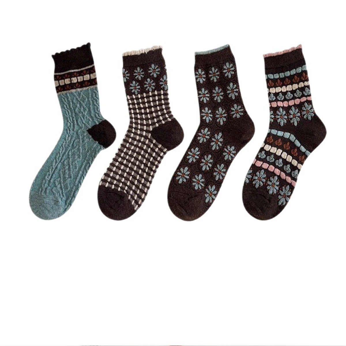 

CHAOZHU 1 Pair Women Autumn Winter Canelé Coffee Blue Floral Pattern Sweet Fashion Wool Socks Warm
