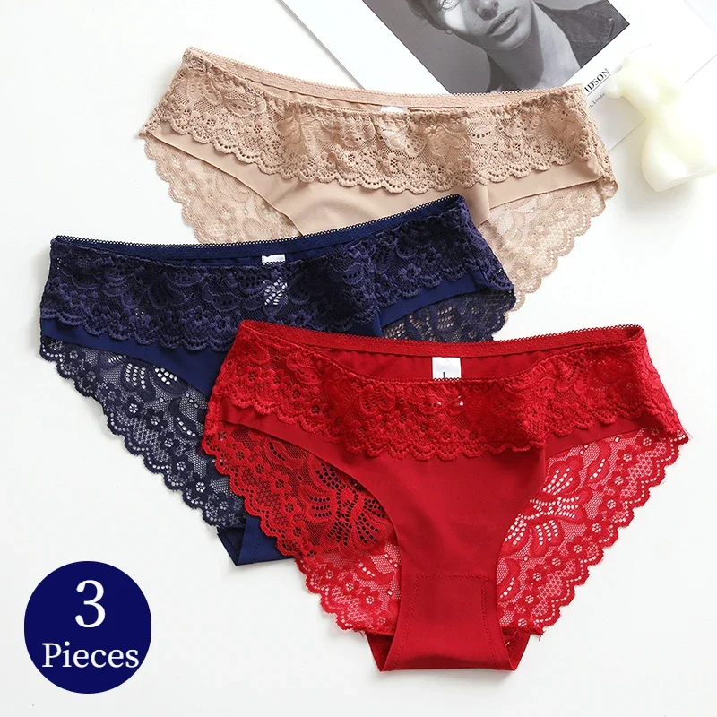 

3PCS/Set Women's Panties Lace Silk Satin Underwear Sexy Lingerie Soft Comfortable Female Briefs Sweet Cozy Underpants