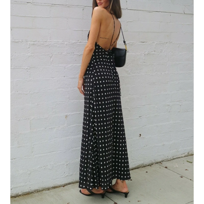 Combhasaki Women Y2k Vintage Dots Print Long Cami Slip Dress Summer Backless Spaghetti Strap Sleeveless Ruffle Dress with Scarf