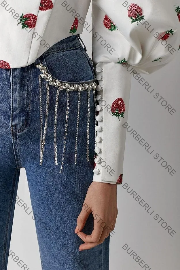 New Fashion Strawberry Embroidery Women Tops Unique Square Collor Tulle Satin Female Blouse Puff Long Sleeves Top Custom Made