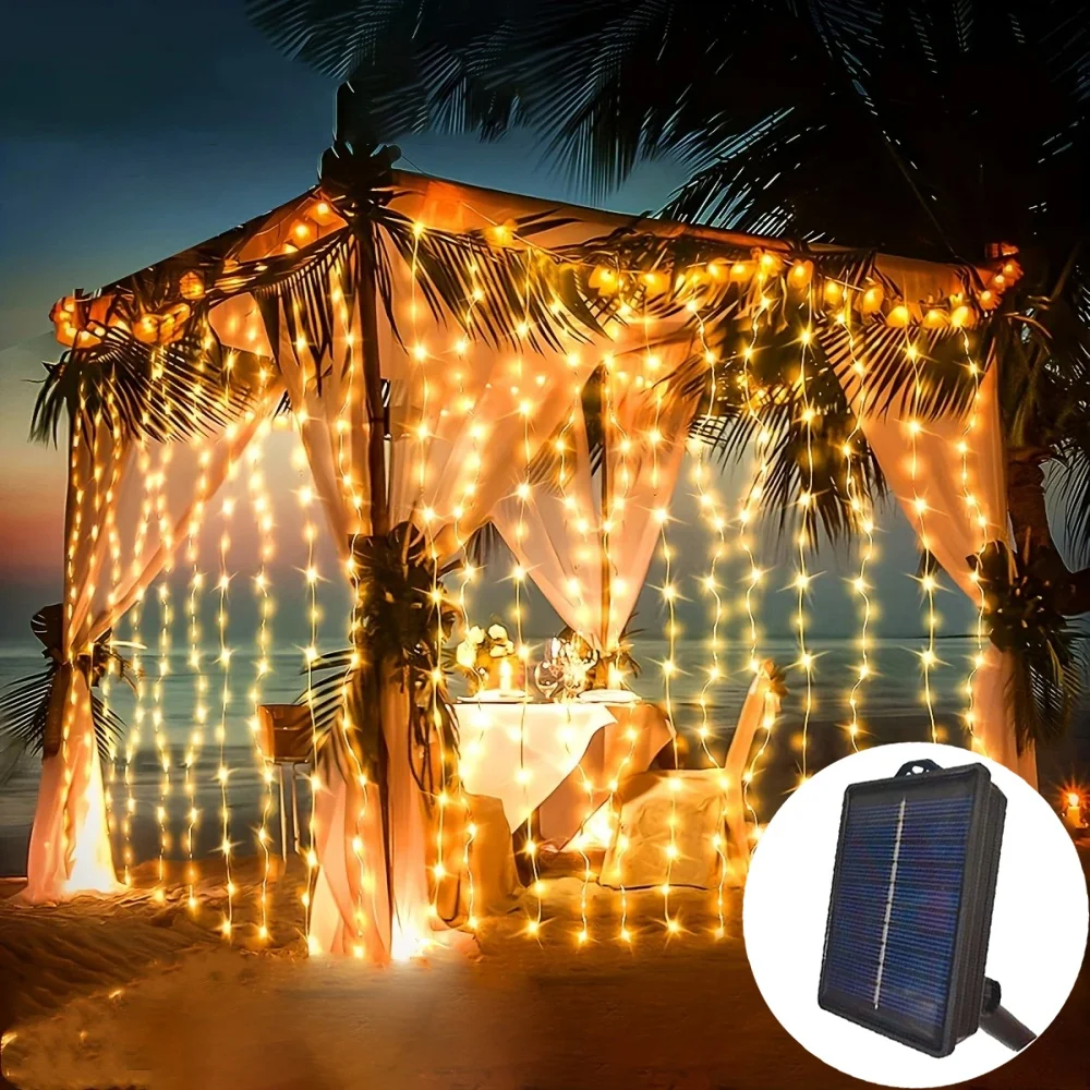 LED Solar Curtain String Lights Outdoor Fairy Lights Wedding Christmas Twinkle String Lights 8 Modes for Home Garden Patio Decor