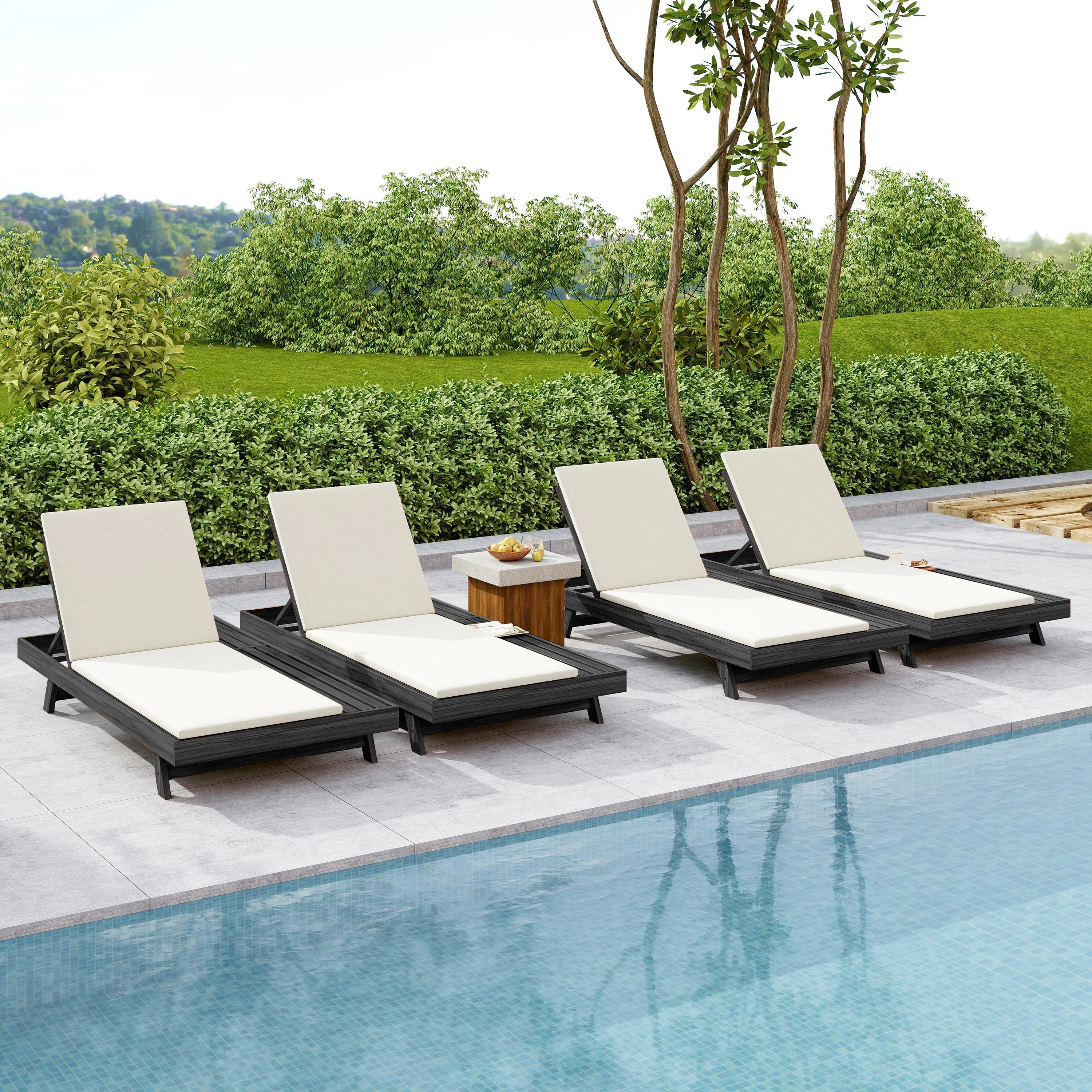# Modern Eco-Friendly Outdoor Lounge Chaise Set Acacia Wood Frame Black Water-Resistant Cushions (Cream 2