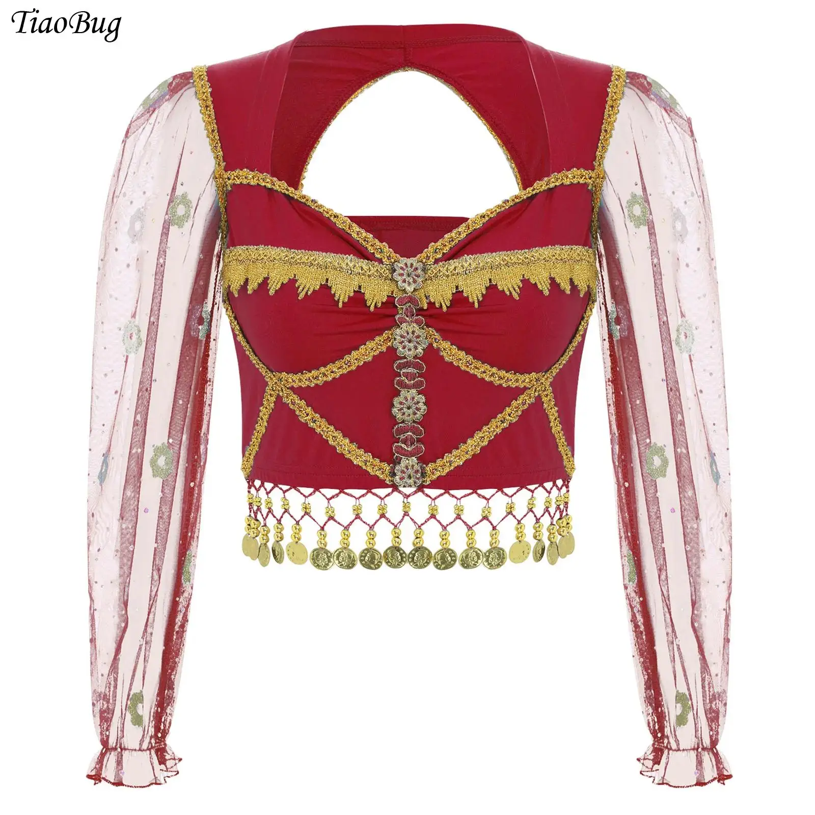 

Womens Belly Dance Tops Halloween Themed Party Princess Cosplay Costumes Sweetheart Long Sleeve Tassel Gold Lace Trim Crop Top
