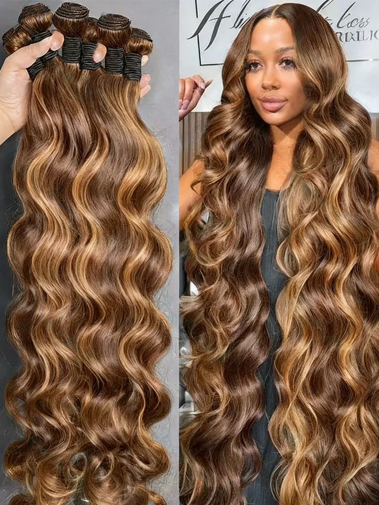 

Highlight P4/27 Объемная волна Пучки человеческих волос 30 32 дюйма Медово-коричневые волосы Уток Необработанные наращивание волос Бразильские волосы 1/3/4 Пучки