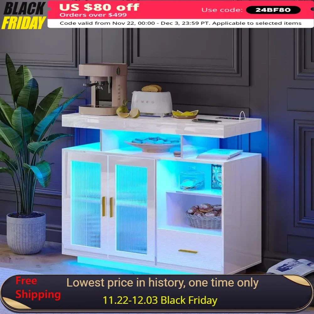 

LED Sideboard Cabinet with Charging Station & Motion Sensor Light, Acrylic Panel High Glossy Cupboard, 39.4" Coffee Cabinet