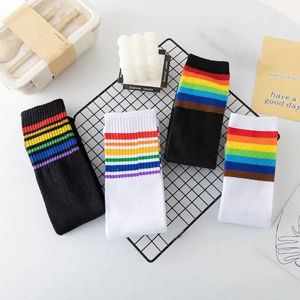 6Pairs Fashion Multicolor Rainbow Stripes Socks Mid-calf Breathable Rainbow Tube Sock Hosiery Patchwork Cotton Socks Streetwear