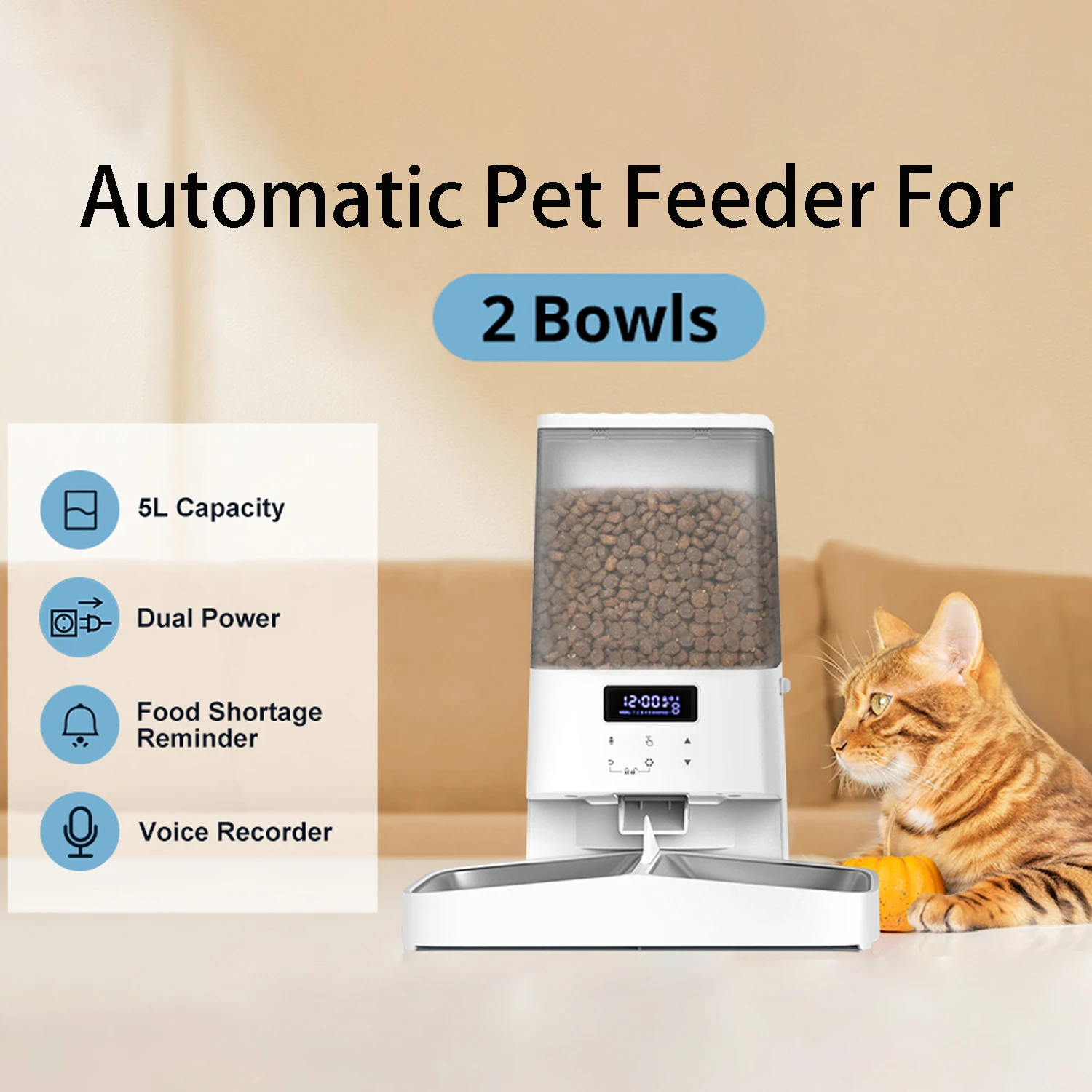 COKBER 5L Automatic Pet Feeder Button Version With Dual Stainless Steel Bowl Cat Food Dispenser Auto Feeding Accessories