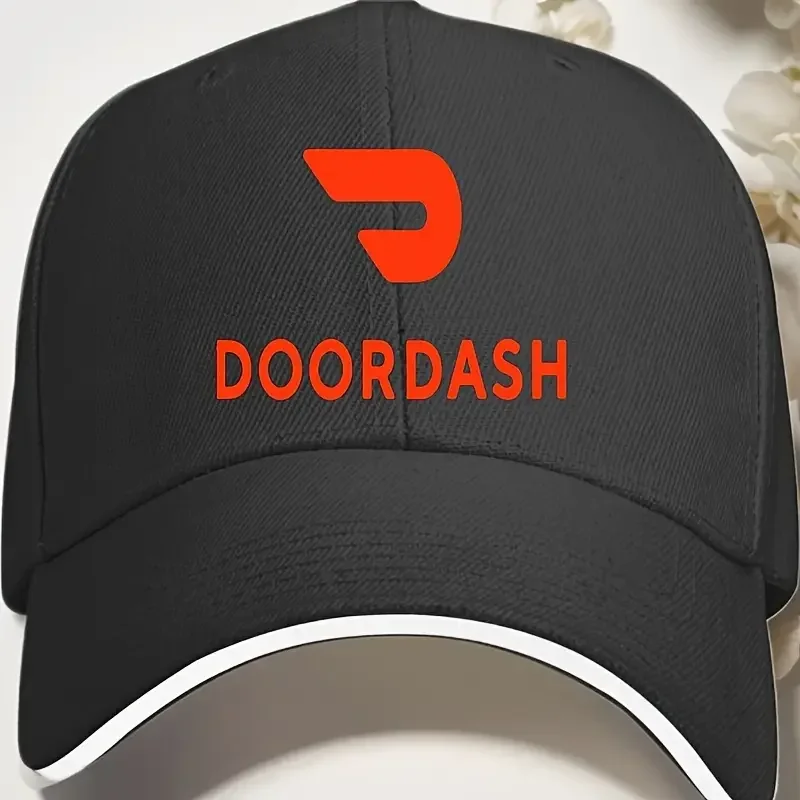 DOORDASH Men's Casual Sports Baseball Cap - Sandwich-Style Brim, Black & Orange Logo, Contrast Color, Breathable 6-Panel, Durable Headgear, 1-Size Fits Most, Outdoor Beach Food Delivery Apparel, UV Prevention, Adjustable Strap, Hand Wash Only