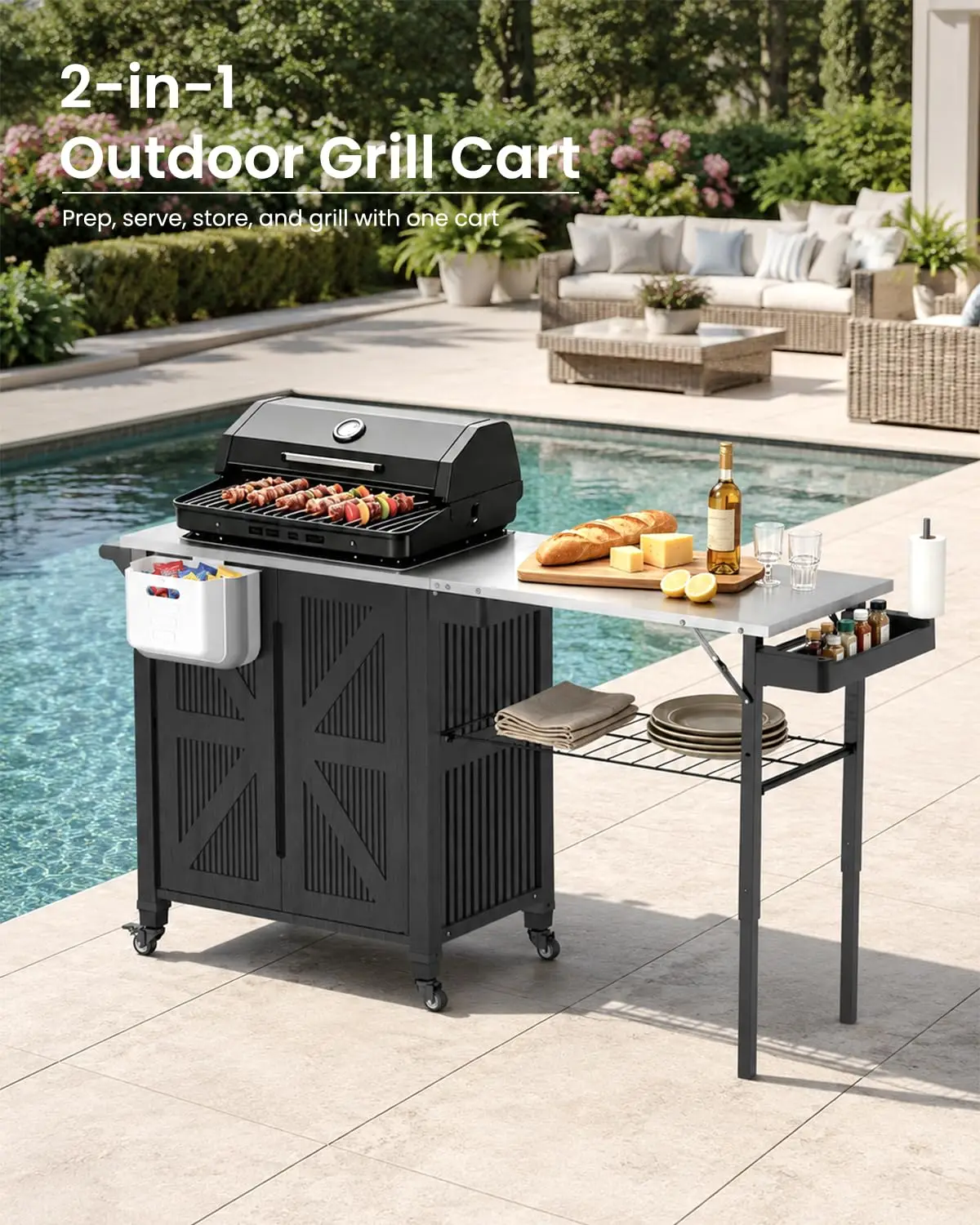 Outdoor Grill Cart with Storage Cabinet, 2-in-1 BBQ Prep Table with Foldable Side Shelf, Stainless Steel Top, Paper