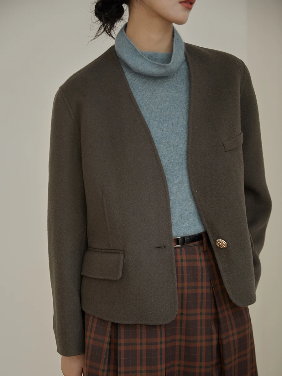 

Пальто Solighter Retro из двусторонней шерсти с коротким воротником на пуговицах, зимняя верхняя одежда, однотонное, для повседневной носки