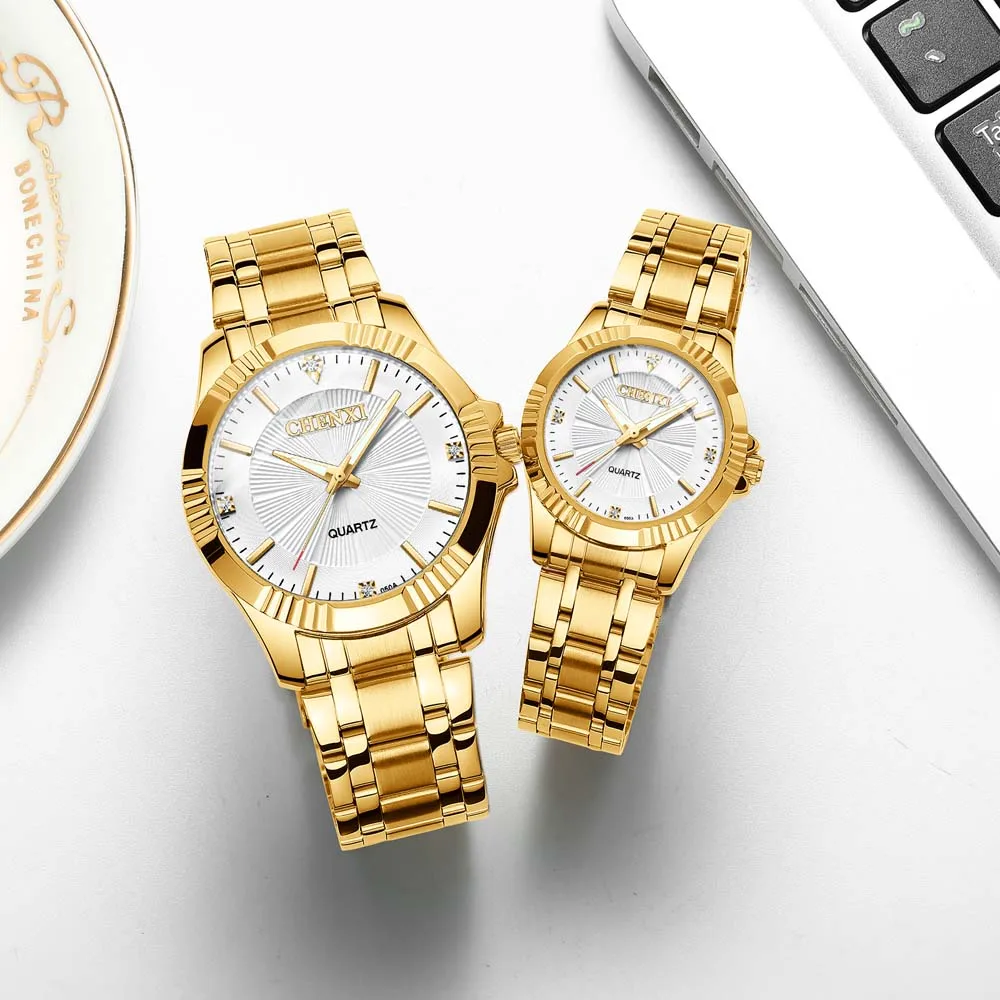 CHENXI  Couple Watches for Men & Women Gold Plated with Diamonds Business Style Quartz Watch Waterproof  Gift for Couple