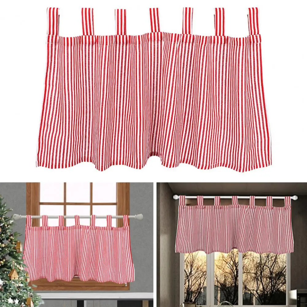 Through-rod Design Curtain Christmas Style Striped Print Valance Curtain for Kitchen Bathroom Decor Contrast Color for Cafe