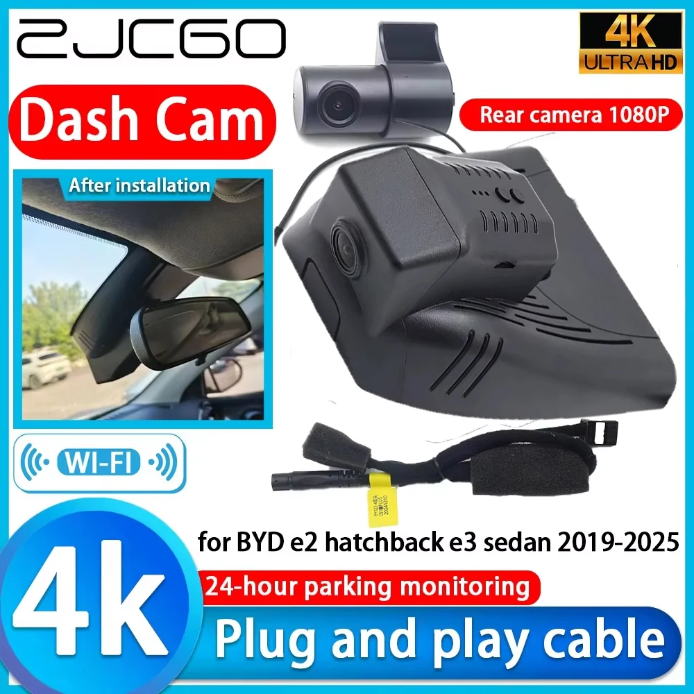 Câmera DVR 4K Wi-Fi para BYD e2 hatchback e3 sedan 2019-2025, com lente Sony, gravador de vídeo, visão noturna e monitoramento de estacionamento 24h.