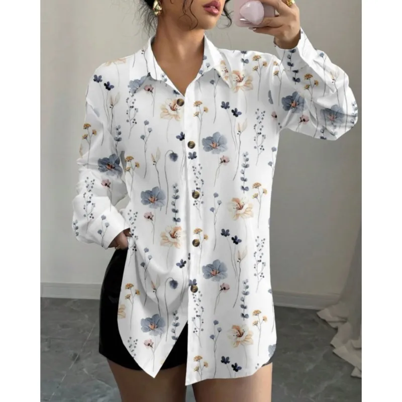 2025 Autumn Women Fashion Floral Print Shirts Turn-down Collar Long Sleeve Blouses Casual Single-breasted Shirt Female Clothing