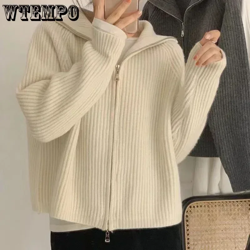 Dark Grey Knit Cardigan Double End Zipper Short Top Turndown Collar Coat Women Slim Warm Korean Fashion American Spring Fall