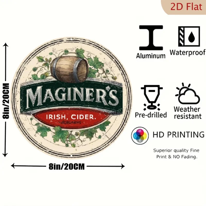2D Flat, 1pc Vintage Irish Cider Metal Wall Decor - Magner's Irish Cider Barrel Sign with Shamrock - Heavy-Duty Metal Constructi