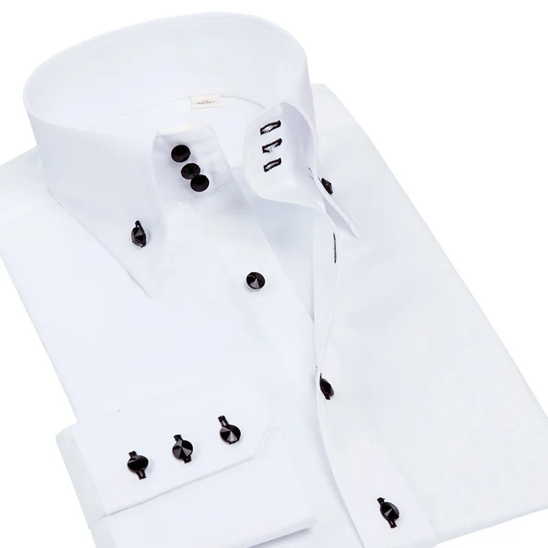 Luxury Men Slim Fit Dress Shirt with Crystal Rhinestone Button, Long Sleeve White Business Formal Shirt for Wedding & Party Wear