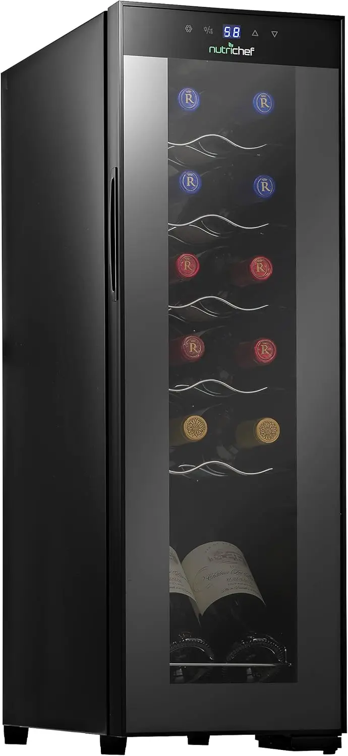 White & Red Cooler-Freestanding Countertop Compact Mini Wine Fridge Chiller 12 Bottle Capacity, Digital Control, Glass Door