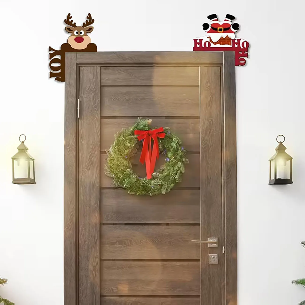2Pcs Wooden Christmas Door Corner Decor Santa Stuck In Chimney Reindeer Head Ornament Xmas Door Frame Home Holiday Decoration