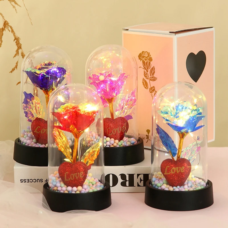 Eternal Red Rose in Glass Home Decor Rose with Glass Cover Light Up Valentine's Day Mother's Day Gift Wedding LED Galaxy Rose