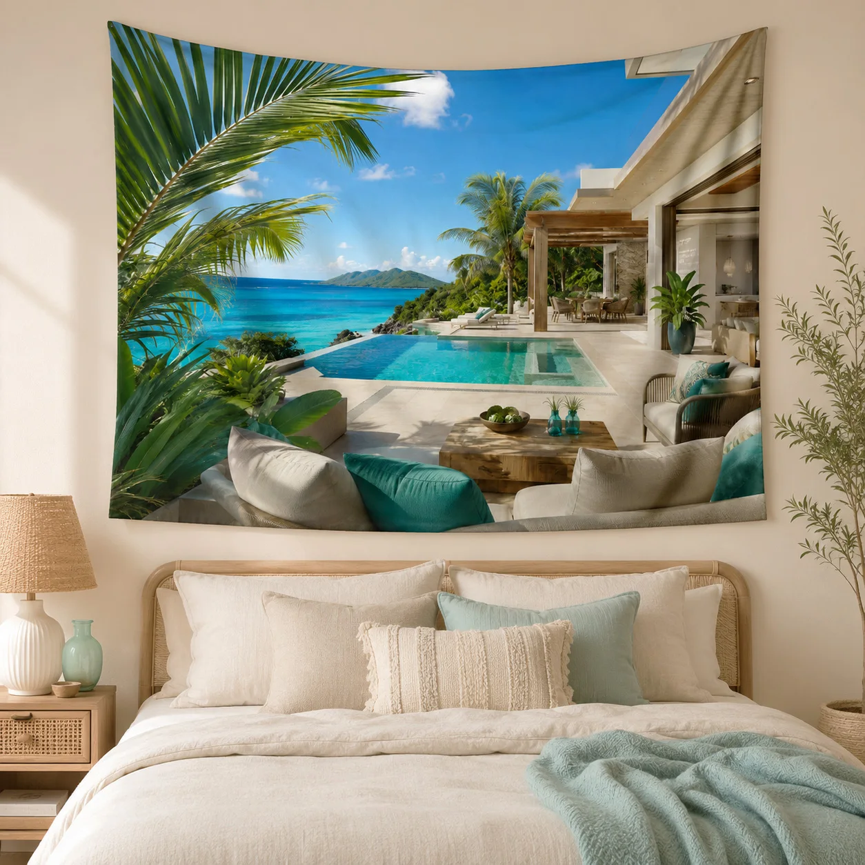 Tropical Palm Tree Villa Sea View Tapestry, Infinity Pool Coastal Landscape Wall Hanging, Boho Aesthetic Bedroom Wall Decor