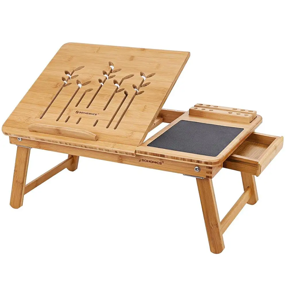 

Adjustable Laptop Table Foldable Lapdesk Notebook Stand Bamboo Sofa Bed Tray with Cellphone iPad Pen Holder Drawer