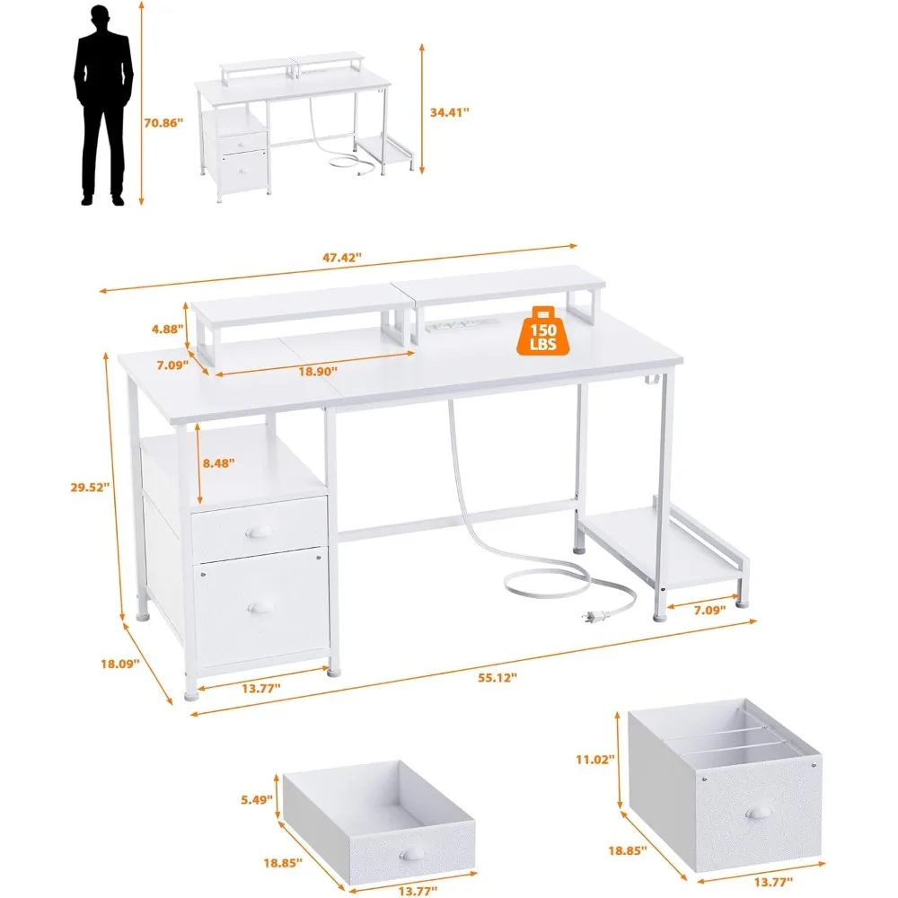 Meja Komputer putih dengan laci dan outlet listrik meja kantor dengan 2 dudukan Monitor dan kain File kabinet menulis meja Game