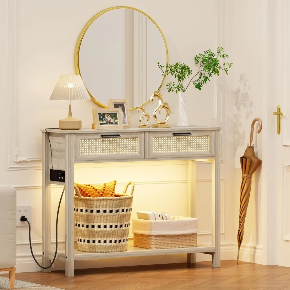

Console Table with Outlet & Charging Ports, Rattan Entryway Table with LED Lights, Narrow Sofa Table with 2 Drawers & Shelves