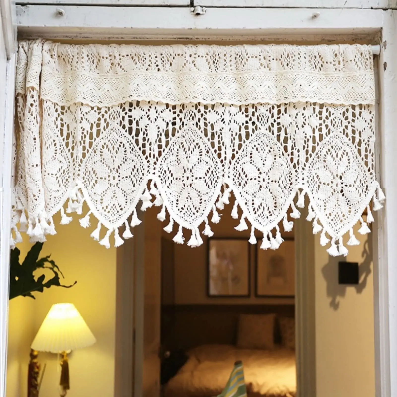 Short Curtain for Small Window Sheer Transparent Beige Cotton Hollow Crochet Lace Chic Bohemian Valance Panel Drapes
