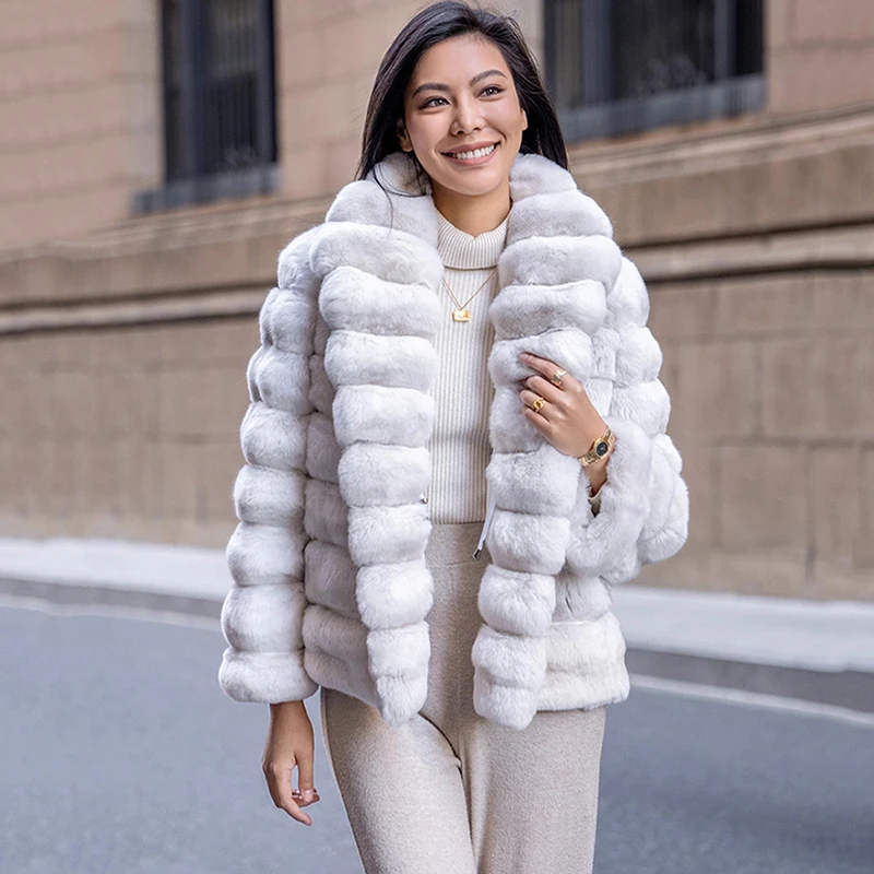 Ftangaiur, abrigo de Chinchilla azul cian blanco puro importado de invierno, abrigos de piel de Chinchilla de Color Natural de lujo con cuello vuelto para mujer