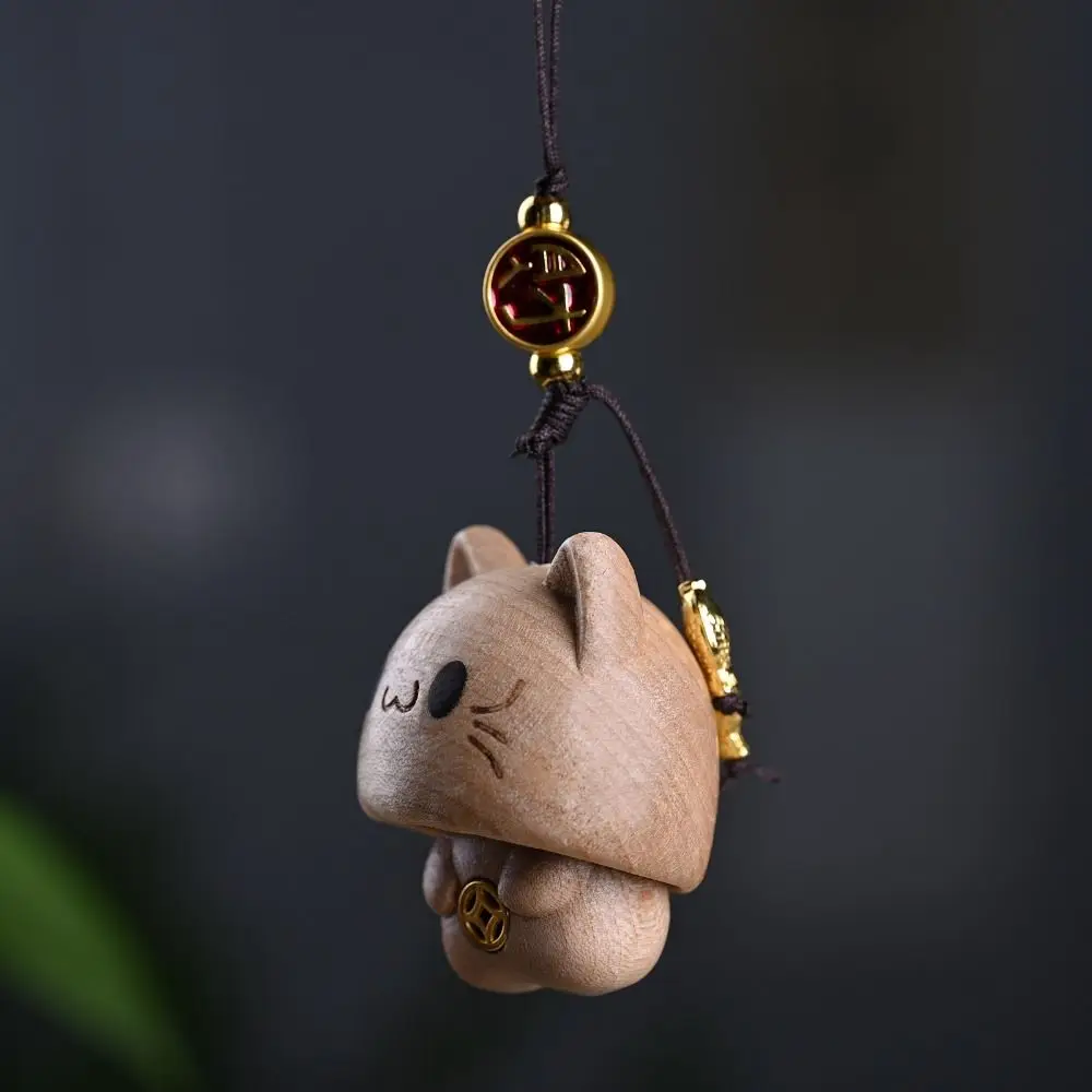 Cartoon Beech Wooden Cat Phone Chain Hand-carved Cute Wood Carving Pendant Peekaboo Creative Car Hanging Ornament Bag Decor