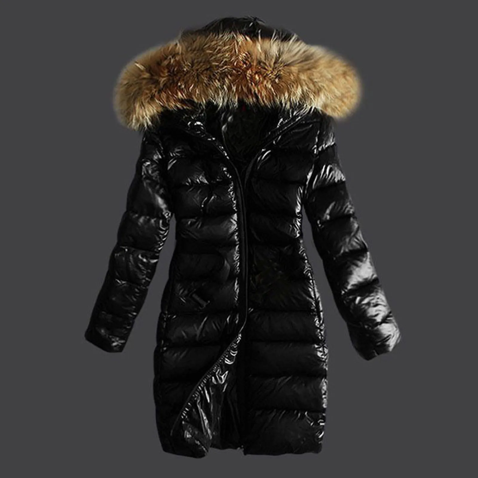 Winter Female Long Padded Faux Fur Collar With Non Removable Hooded Warm Jackets New Fashion Women Zipper Thicken Coat