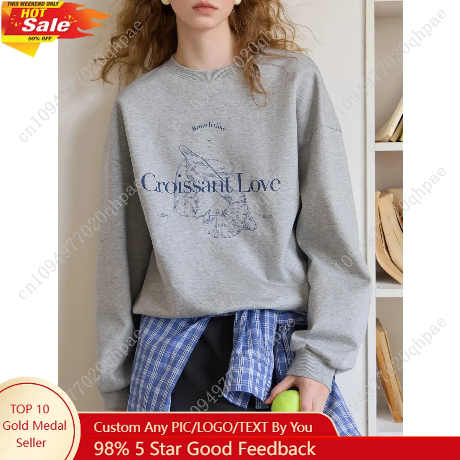 

FSLE Grey Hoodless Round Neck Sweatshirt for Women 2025 Spring New Design All-match Casual Loose Top Chic Outfits 25FS11112