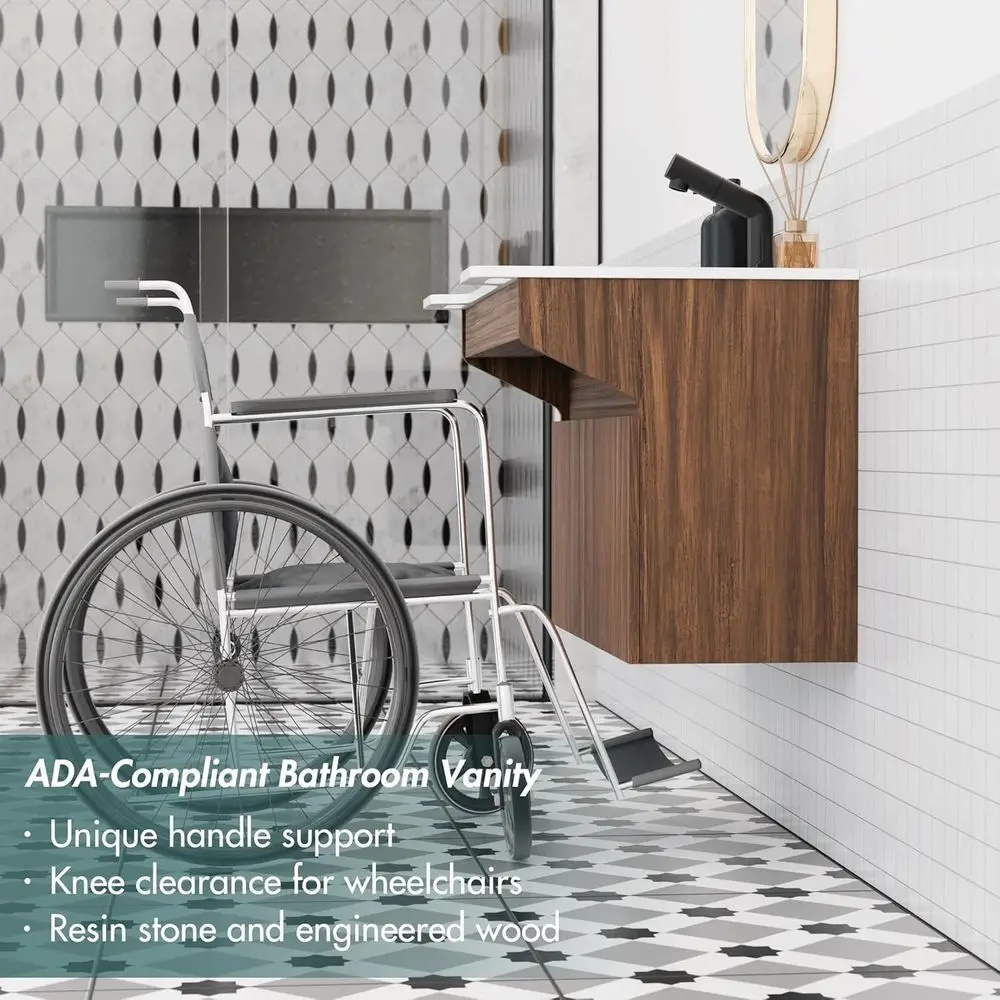 خزانة عائمة من الراتنج الحجري المتوافق مع ADA مع خزانة عائمة، ودعم يدوي حديث لكبار السن والمعاقين وكبار السن