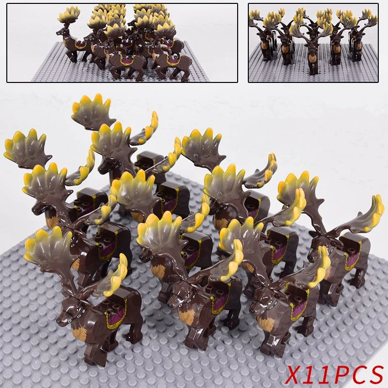 Medieval War Series Elf Warriors Animals Building Blocks Brown/Yellow Megaloceros Elk Mount DIY Bricks Toys For Kids Xmas Gifts
