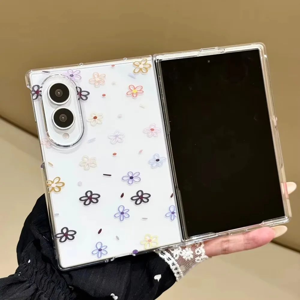 Cute Mini Flower Phone Case For Samsung Galaxy Z Fold 8 Clear Beaded Flower Wrist Strap Shockproof Foldable Phone Case