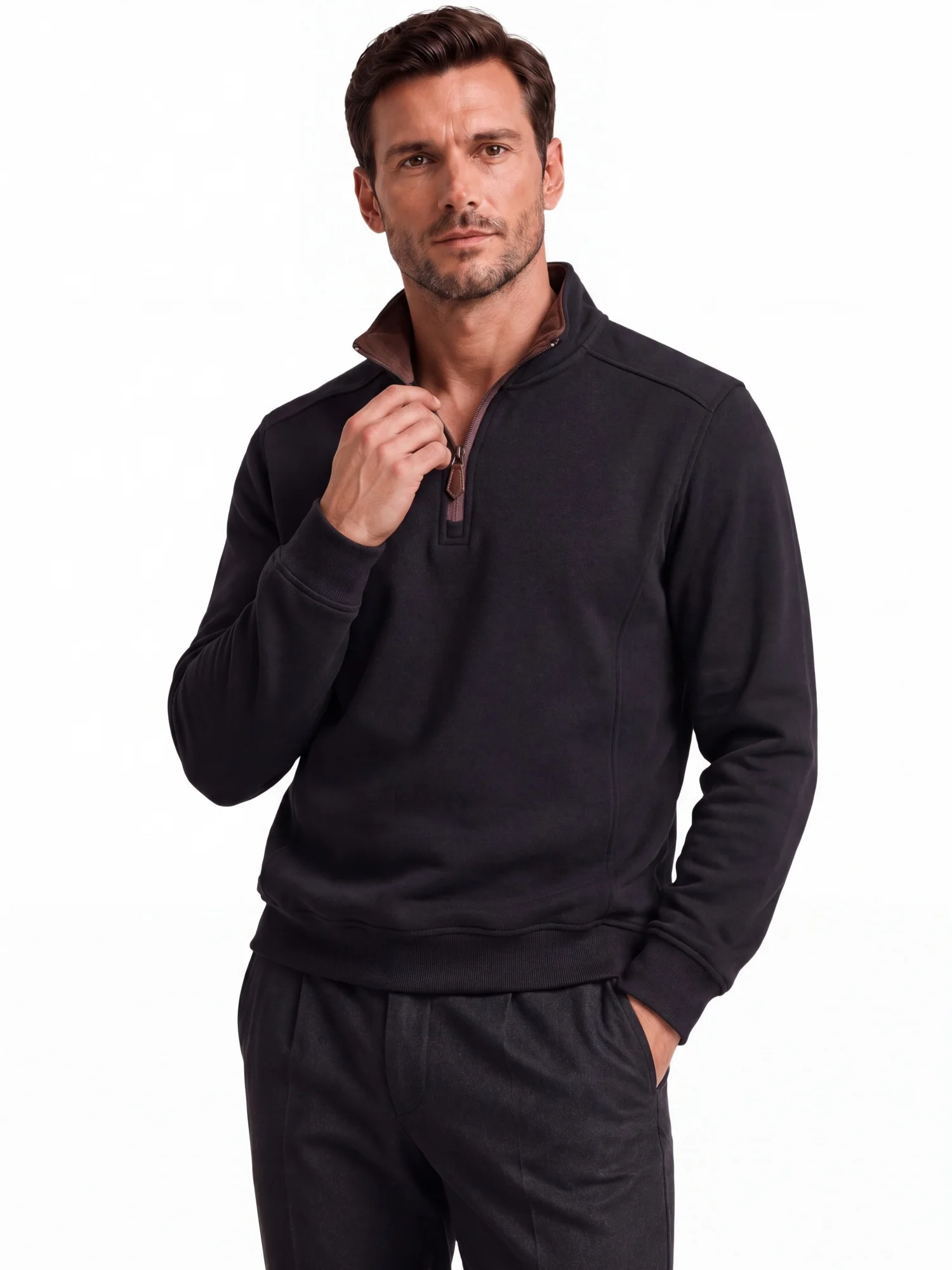 AIOPESON Herren Pullover mit halbem Reißverschluss, Stehkragen, einfarbig, warm, gemütlich, langärmelig, Sweatshirt, Herbst-Winter, lässig, leicht, Oberteil – Detail 6