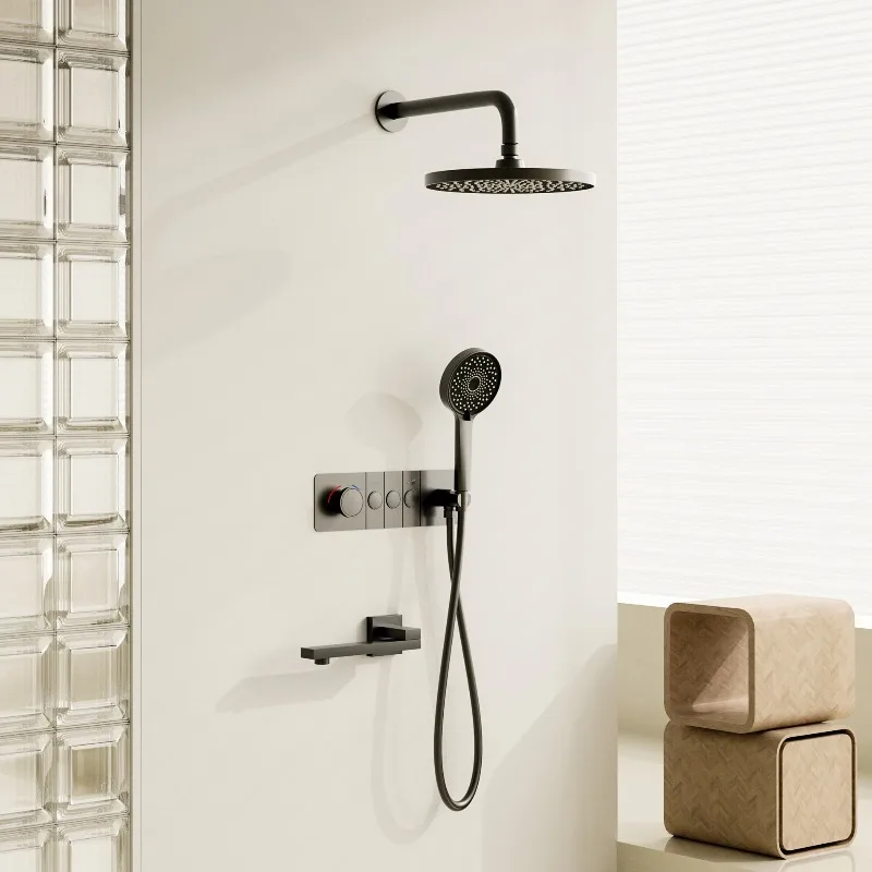 Black all-copper concealed shower embedded in wall concealed with pre-embedded box project hotel shower shower set