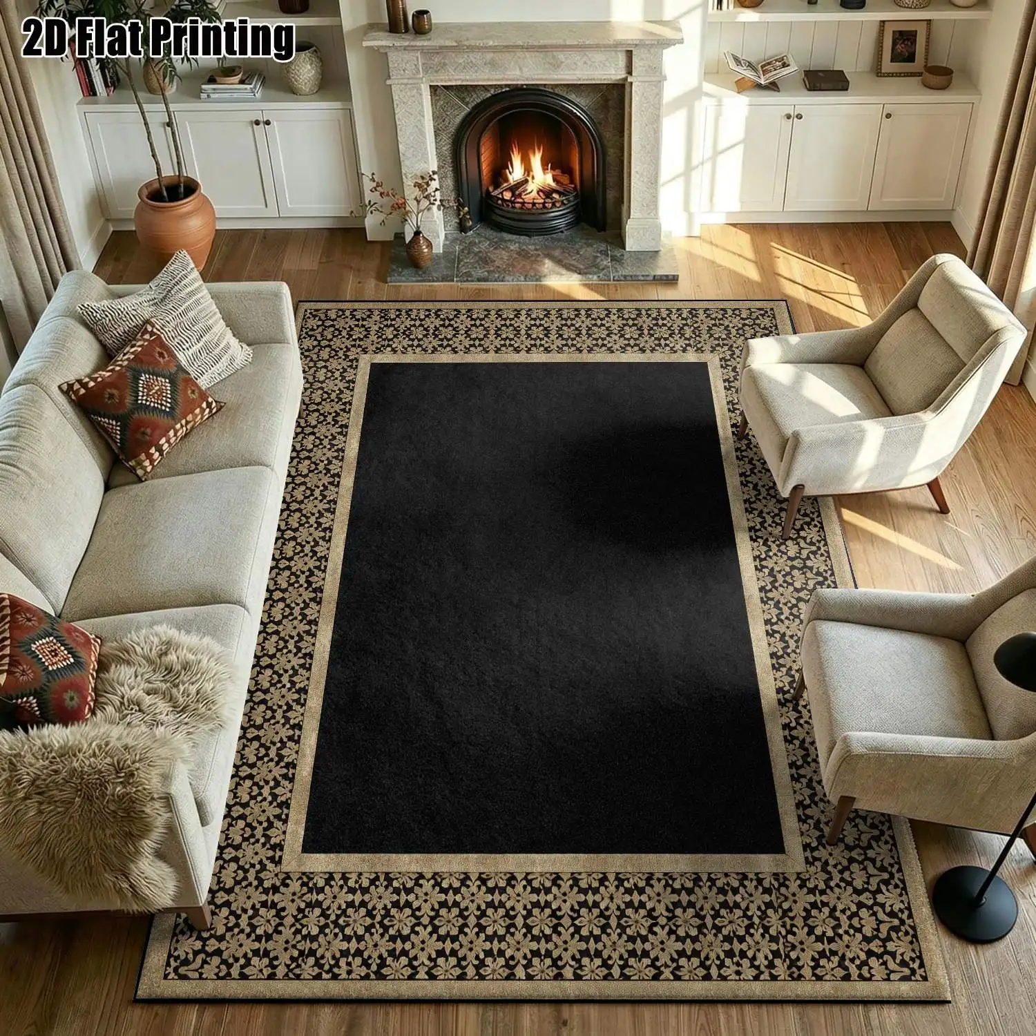 1Pc 2D Printed Black & Gold Patterned Border Carpet European Retro Geometric Bohemian Style, Home Decor Rug in Multiple Sizes, Machine Washable, Perfect for Entryway, Living Room, Bedroom, Dining Room & Foyer.