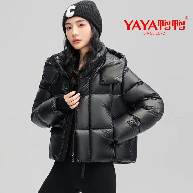 YAYA 2024 Winter Women Hooded Puffy Coat Loose Style 90% Short Thick White Duck Down Jacket Windbreak Outwear