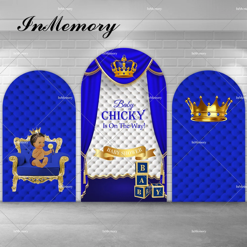 Royal Prince Arch Backdrop Cover Gold Crown Boys Baby Shower 1st Birthday Party Chiara Wall Background Dark Blue Banner Custom