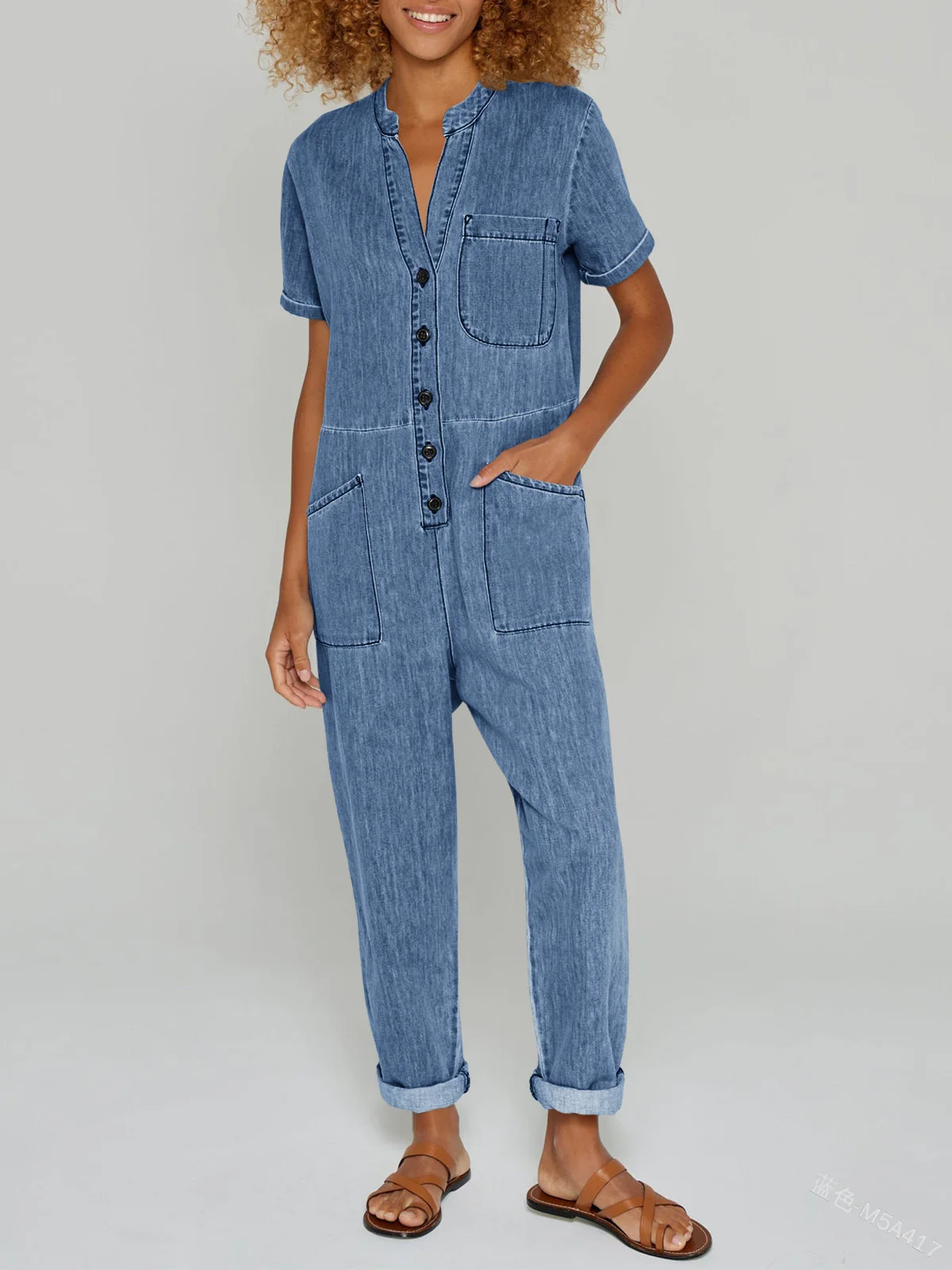 Women Denim Blue Jumpsuits Fashion Vintage Elegant Short Sleeve V-Neck Button Up Pocket Casual Long Pants Streetwear Jumpsuit