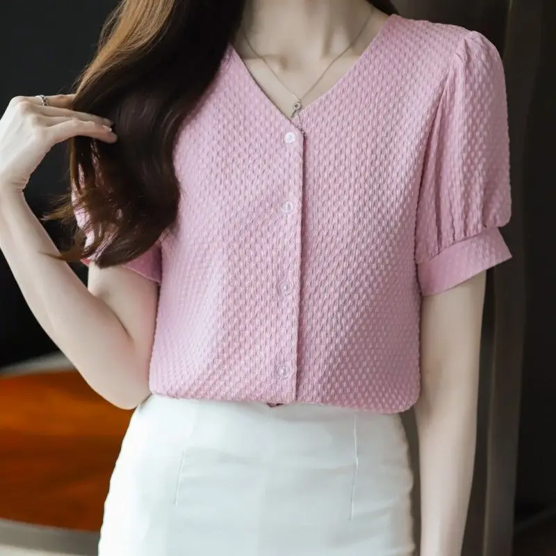 

Faionable V-Ne Bubble Sve ort Sve irt Women's Summer Clothing Ele Design Korean Sle Slim Fit Polyester Fiber