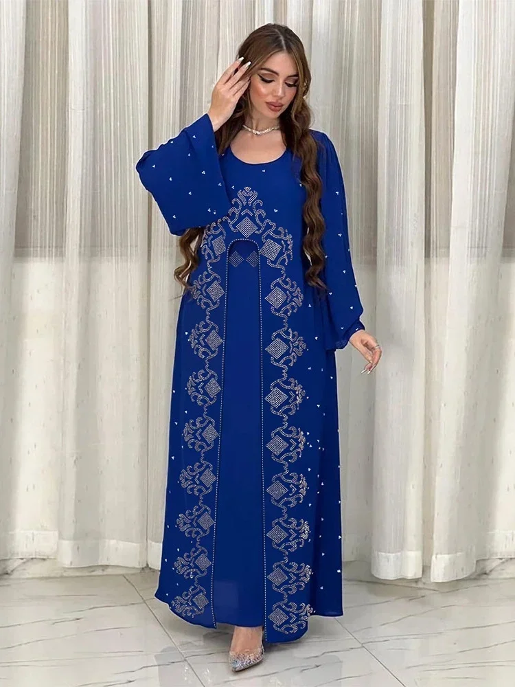 Eid Jalabiya Muslim Abaya Sequins Party Dress for Women Arab Fake Piece Set Dress Robe Woman Elegant Ramadan Vestidos Abayas