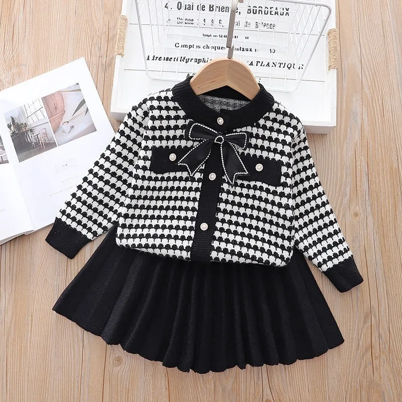

Baby girl spring and autumn set fashionable children's sweater knitted round neck jacket+short skirt 2PCS