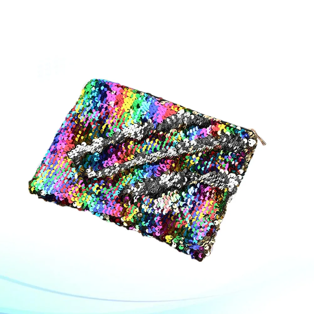 Rainbow Silver Sequined Pencil Zipper Bag Durable Stylish Multifunctional Coin Storage Pouch Sequined Pencil Case