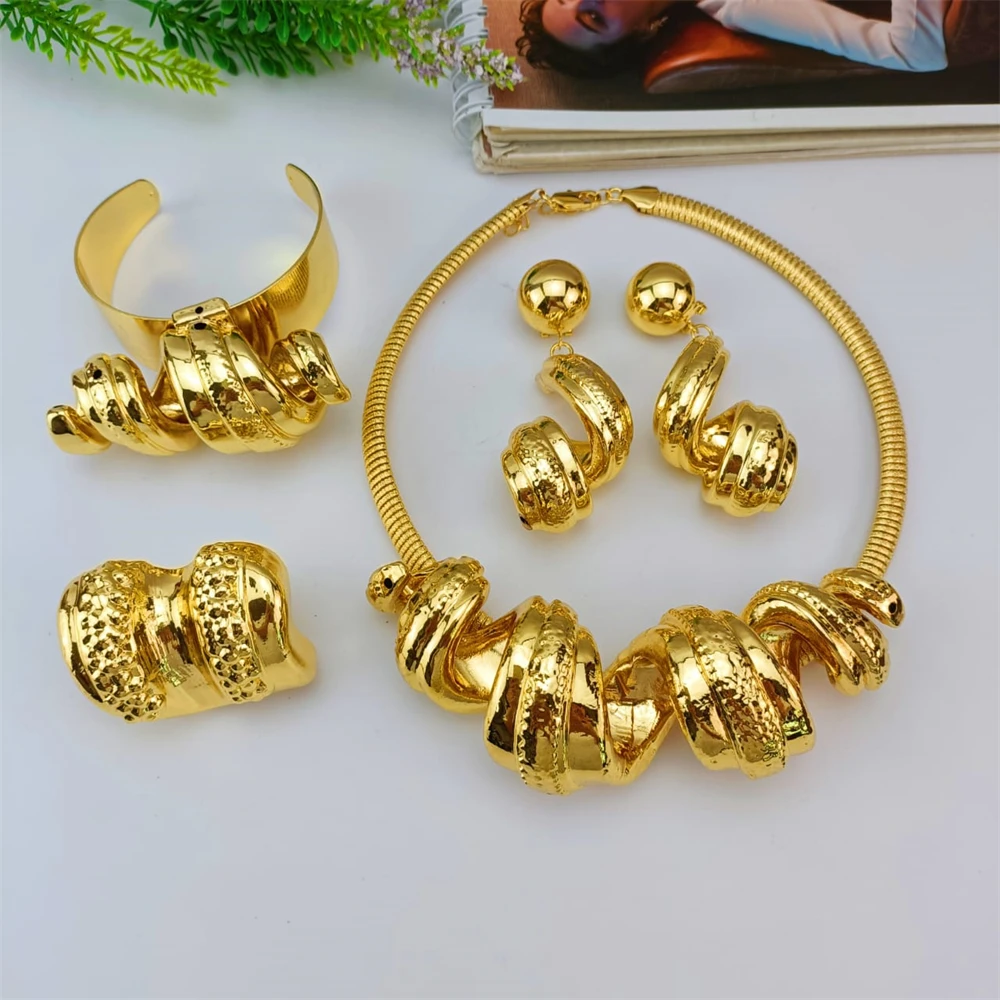 EMMA African Women Necklace Earrings Bracelet Wedding Dress Up Accessories Italian Gold Plated Jewelry Set